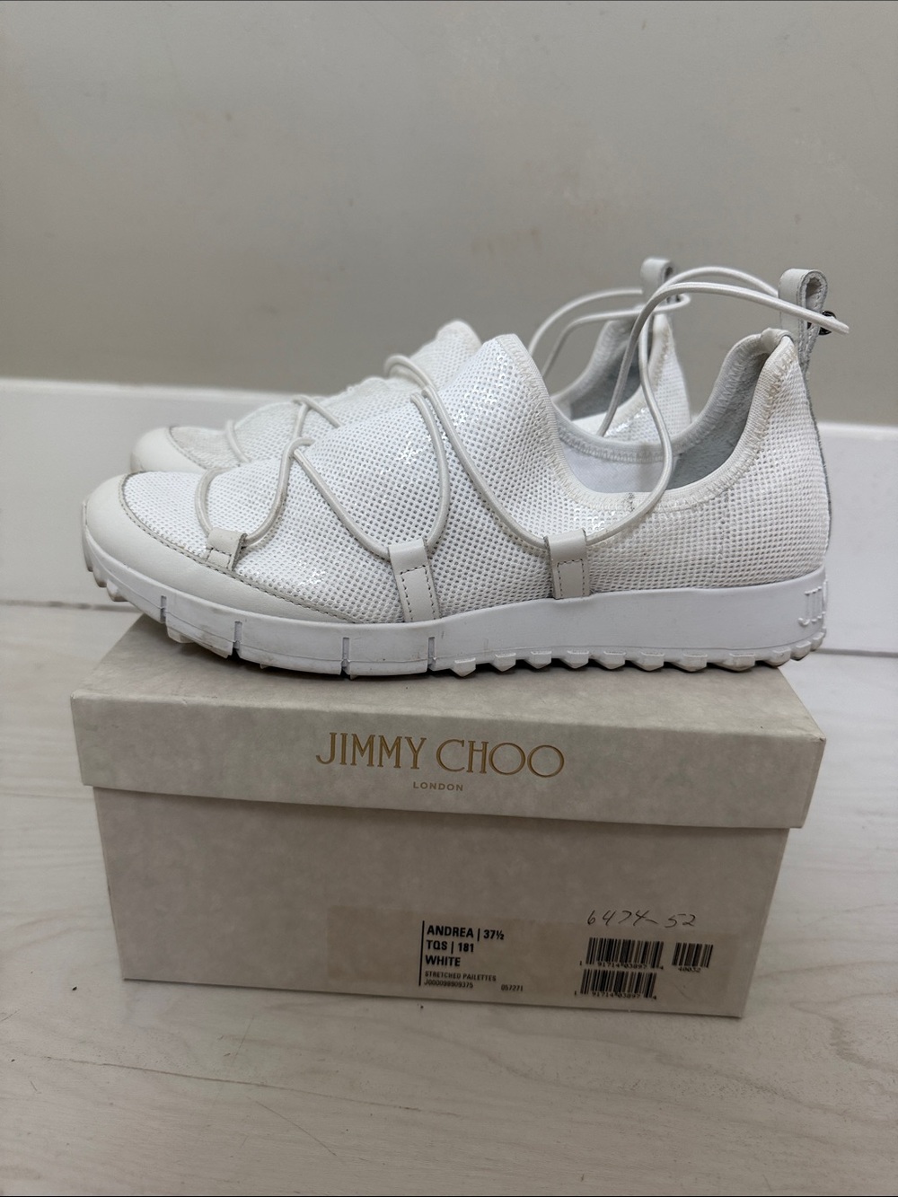 Jimmy Choo Andrea White Mesh Lace Up Women's Sneakers w/pailettes/sequins 7 1/2